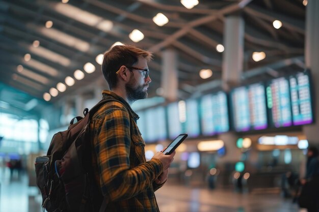 Ein Mann, der seinen Flug auf dem Bildschirm am Flughafen sieht