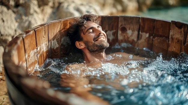 Ein Mann, der sich im Außenraum in einem hölzernen Whirlpool entspannt