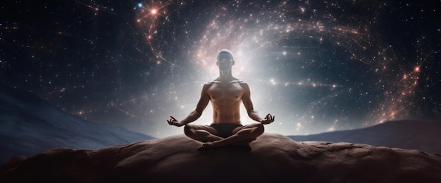 Ein Mann, der vor einem galaktischen Hintergrund meditiert