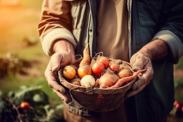 Ein Mann, ein Gärtner, der seine Bio-Gemüse- und Obstkulturen hält und zeigt