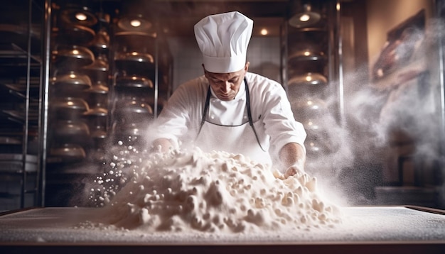 Ein Mann, ein Koch, knetet Teig und bereitet selbstgebackenes Brot zu, das von KI erzeugt wurde