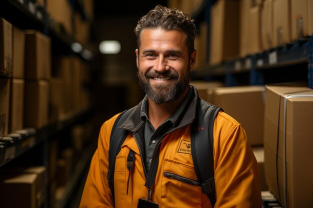 Foto ein mann, ein lieferarbeiter in uniform, befindet sich in einem lagerhaus, das von zahlreichen kisten und paketen umgeben ist