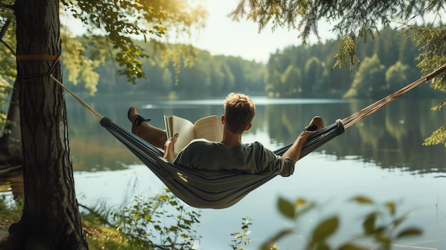 Foto ein mann entspannt sich in einer hängematte und liest ein buch. die hängmatte hängt zwischen zwei bäumen und der mann ist von einem wunderschönen wald umgeben.