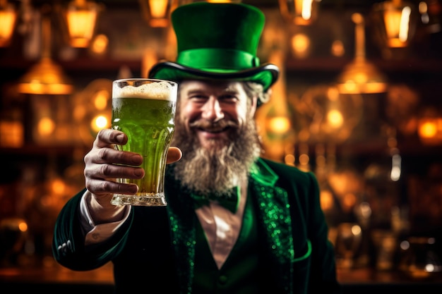 Ein Mann erhebt ein Glas grünes Bier in einem Pub, das mit St. Patrick's Day-Dekorationen geschmückt ist