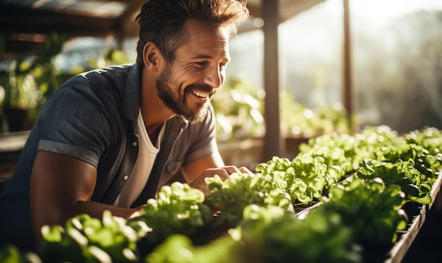 Ein Mann erntet frisches Gemüse im Garten