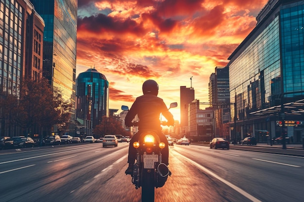 Ein Mann fährt auf einem Motorrad durch eine Stadt bei Sonnenuntergang Der Himmel ist ein schöner orange-rosa Farbton und es gibt andere Fahrzeuge auf der Straße