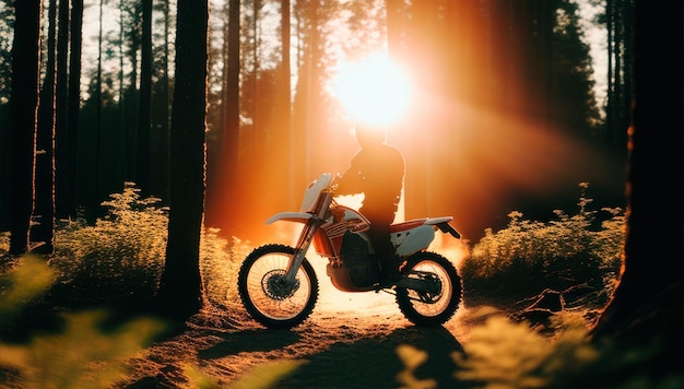 Ein Mann fährt bei Sonnenuntergang mit einem Dirtbike durch den Wald.