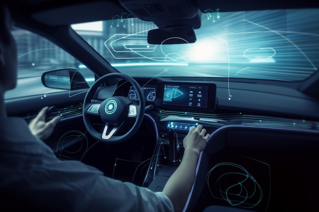 Ein Mann fährt ein BMW-Auto, auf dem Bildschirm wird die Zeit 7:45 angezeigt.