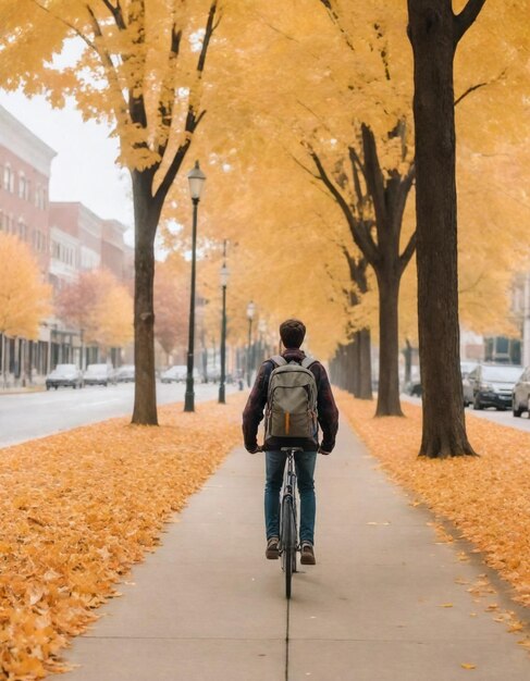 ein Mann fährt ein Fahrrad vor einem mit gelben Blättern gesäumten Bürgersteig