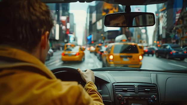 ein Mann fährt ein Taxi mit einem gelben Taxi im Hintergrund