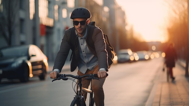Ein Mann fährt Fahrrad auf einer Straße mit Autos im Hintergrund.