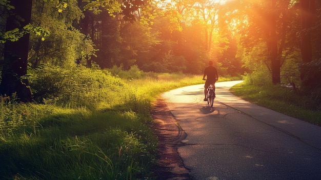 Ein Mann fährt mit dem Fahrrad auf der Straße mitten in der Natur mit strahlender Nachmittagssonne.