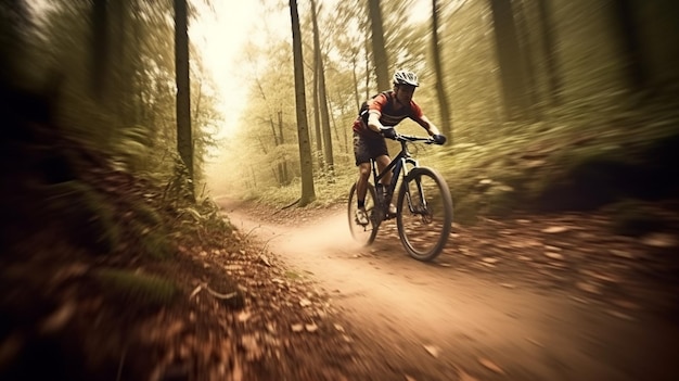 Ein Mann fährt mit dem Fahrrad durch den Wald. Generative KI