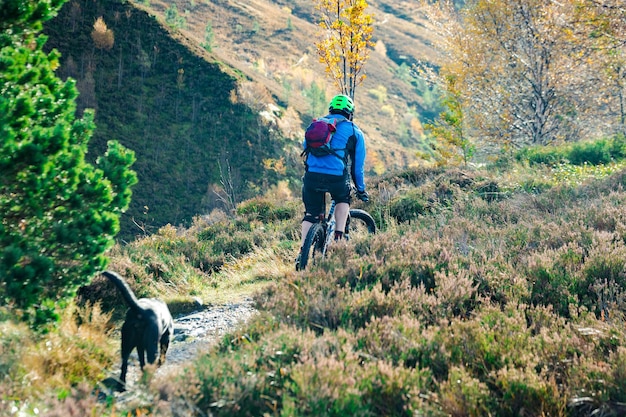 Ein Mann fährt mit dem Fahrrad durch einen Wald in den Bergen Schottlands Neben ihm läuft ein schwarzer Hund