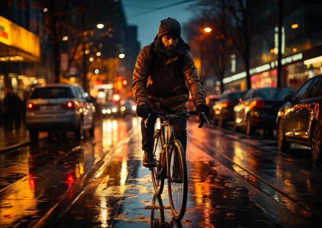 Ein Mann fährt mit dem Fahrrad eine Regenstraße hinunter