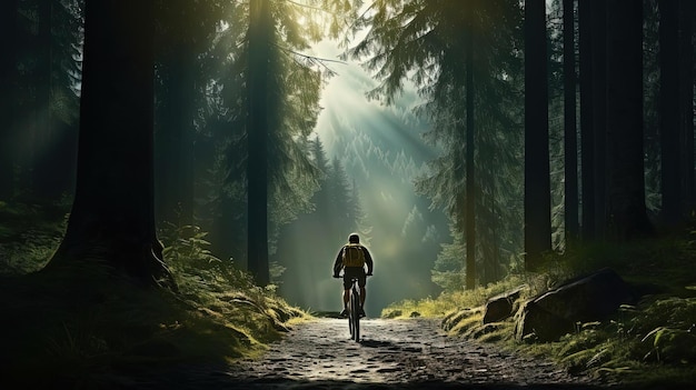 Ein Mann fährt mit dem Fahrrad im Wald draußen