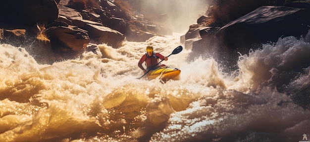 Foto ein mann fährt mit dem kajak durch stromschnellen auf dem fluss im stil von gelb und kastanienbraun