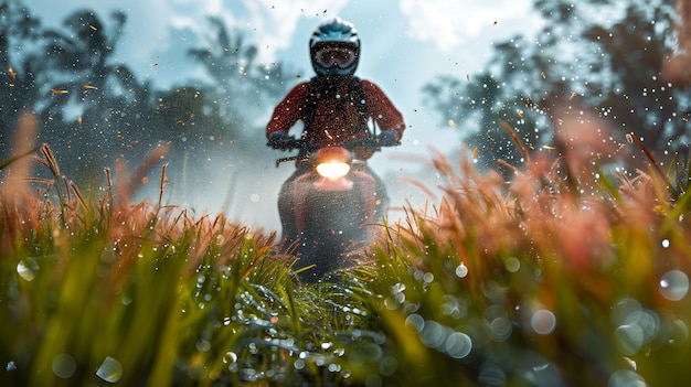 Ein Mann fährt mit dem Motorrad durch ein grünes Feld