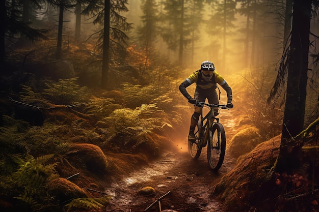 Ein Mann fährt mit dem Mountainbike durch einen Wald