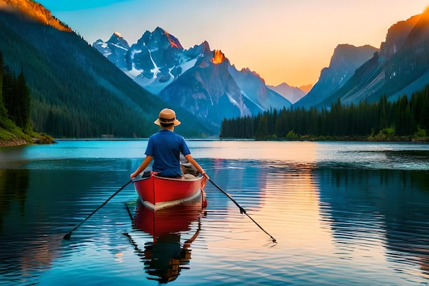 Ein Mann fährt mit einem Boot im See