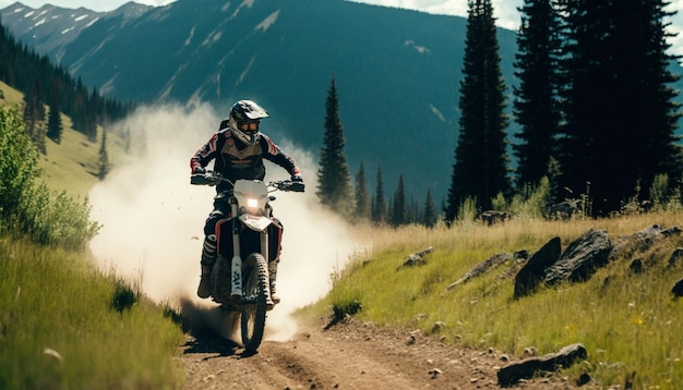 Ein Mann fährt mit einem Dirtbike auf einer unbefestigten Straße mit einem Berg im Hintergrund.