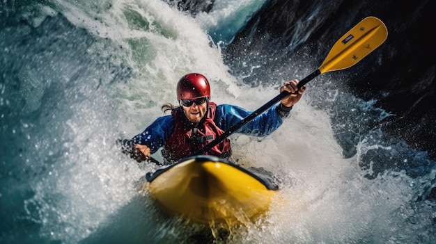 Ein Mann fährt mit einem gelben Kajak in einem Fluss Kajak.