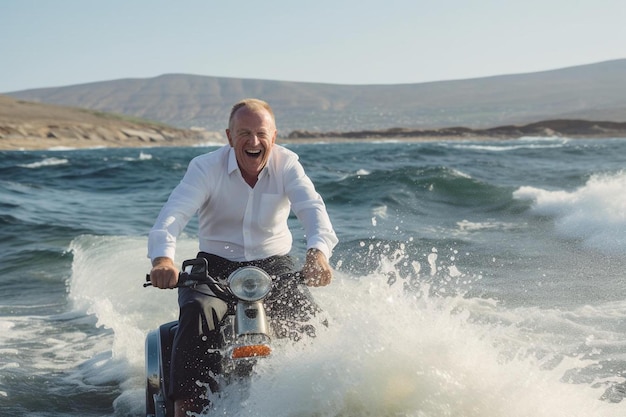 Ein Mann fährt Motorrad auf einem Boot im Meer.