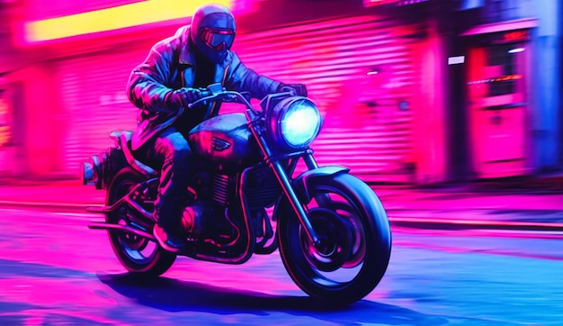 Ein Mann fährt nachts mit einem Motorrad auf einer Stadtstraße