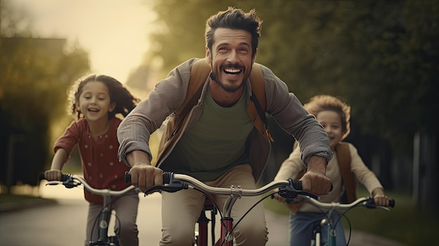 Ein Mann fährt neben einem kleinen Mädchen Fahrrad am Vatertag