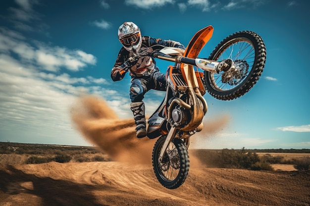 Ein Mann fährt selbstbewusst mit seinem Dirtbike auf einem staubigen Feld und genießt den Adrenalinstoß. Spektakuläres Motocross-Rennen mit einem Konkurrenten, der einen von KI generierten Stunt vorführt