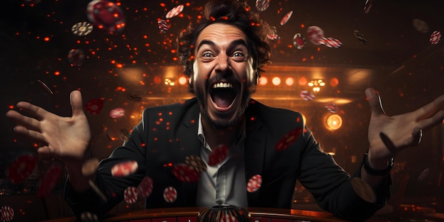Foto ein mann feiert einen großen casino-gewinn mit geld aus dem spielen von blackjack, roulette und slots konzept casino win blackjack roulette slots geld feiern