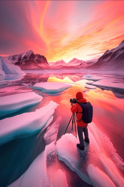 Ein Mann fotografiert einen Berg und der Sonnenuntergang ist sichtbar.