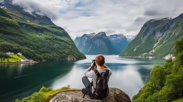 Ein Mann fotografiert einen Berg und einen Fjord
