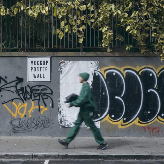 ein Mann geht an einer Wand mit Graffiti vorbei