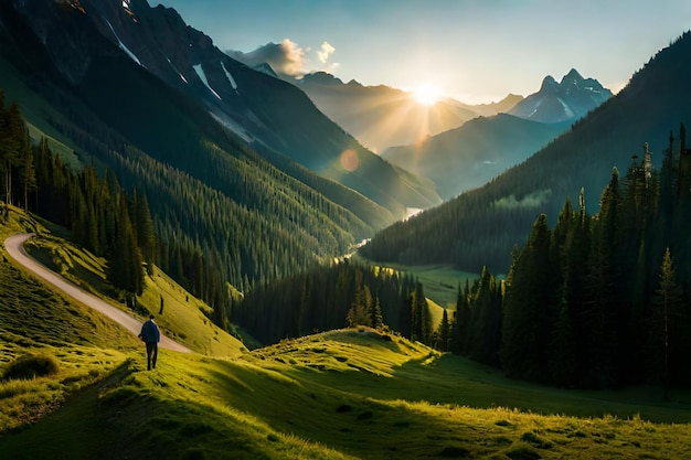 Ein Mann geht auf einem Bergpfad, während die Sonne hinter ihm untergeht.