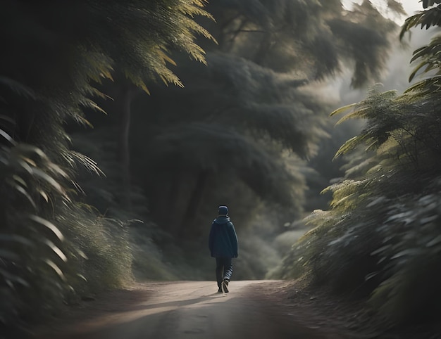 Ein Mann geht auf einem Weg im Wald mit Nebel und Sonnenlicht