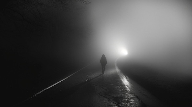 Ein Mann geht auf einer Straße im Nebel, im Dunkeln, hinter ihm ein Licht.