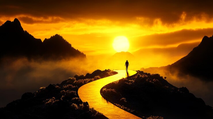 Foto ein mann geht bei sonnenuntergang auf einem bergweg in richtung sonne