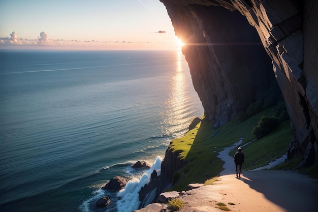 Ein Mann geht bei Sonnenuntergang eine Klippe im Meer hinunter.