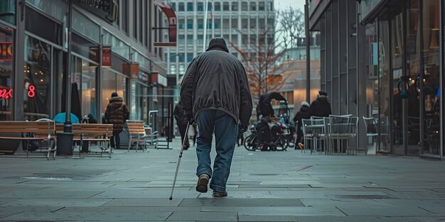 Ein Mann geht die Straße hinunter und hält Skipfähle in der Hand