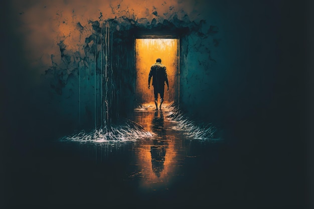 Ein Mann geht durch die überfluteten Korridore eines verlassenen Gebäudes