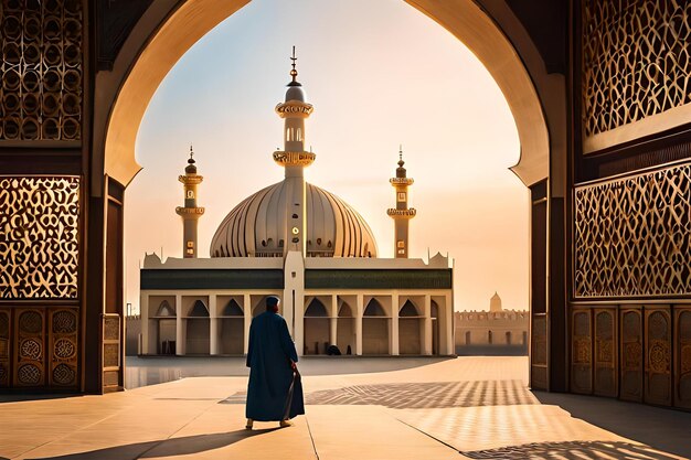 Foto ein mann geht durch eine moschee mit den minaretten der moschee.