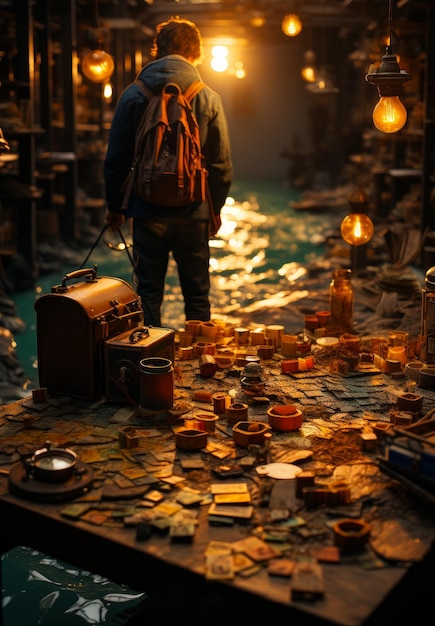 Ein Mann geht durch einen Raum voller Antiquitäten und Sammlerstücke