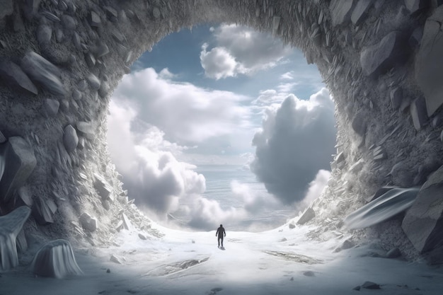 Ein Mann geht durch einen Tunnel aus Schnee mit einem blauen Himmel im Hintergrund. Generative KI