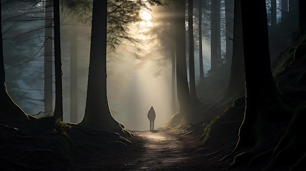 Ein Mann geht durch einen Wald, während die Sonne durch die Bäume scheint