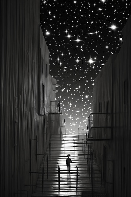 Ein Mann geht eine dunkle Gasse entlang, über ihm ein Sternenhimmel.