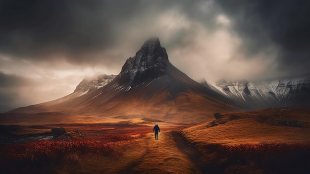 Ein Mann geht einen Pfad entlang in einer Landschaft mit Bergen im Hintergrund