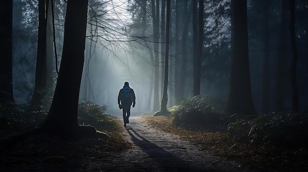 Ein Mann geht einen Pfad im Wald entlang, während die Sonne durch die Bäume scheint