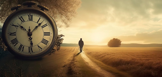 Ein Mann geht einen Weg entlang, auf dessen linker Seite eine große Uhr steht.