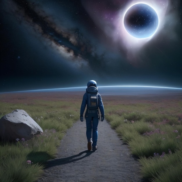 Ein Mann geht einen Weg mit einem Planeten im Hintergrund hinunter.